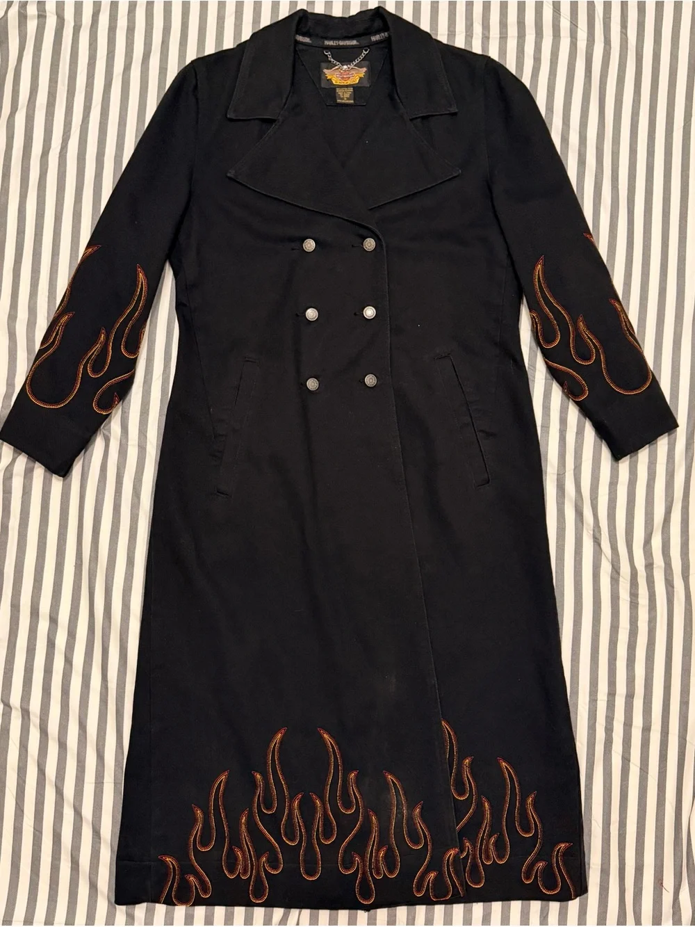 Vintage Harley Davidson Duster Trench Coat Denim Jacket Vintage Small Flames Y2K